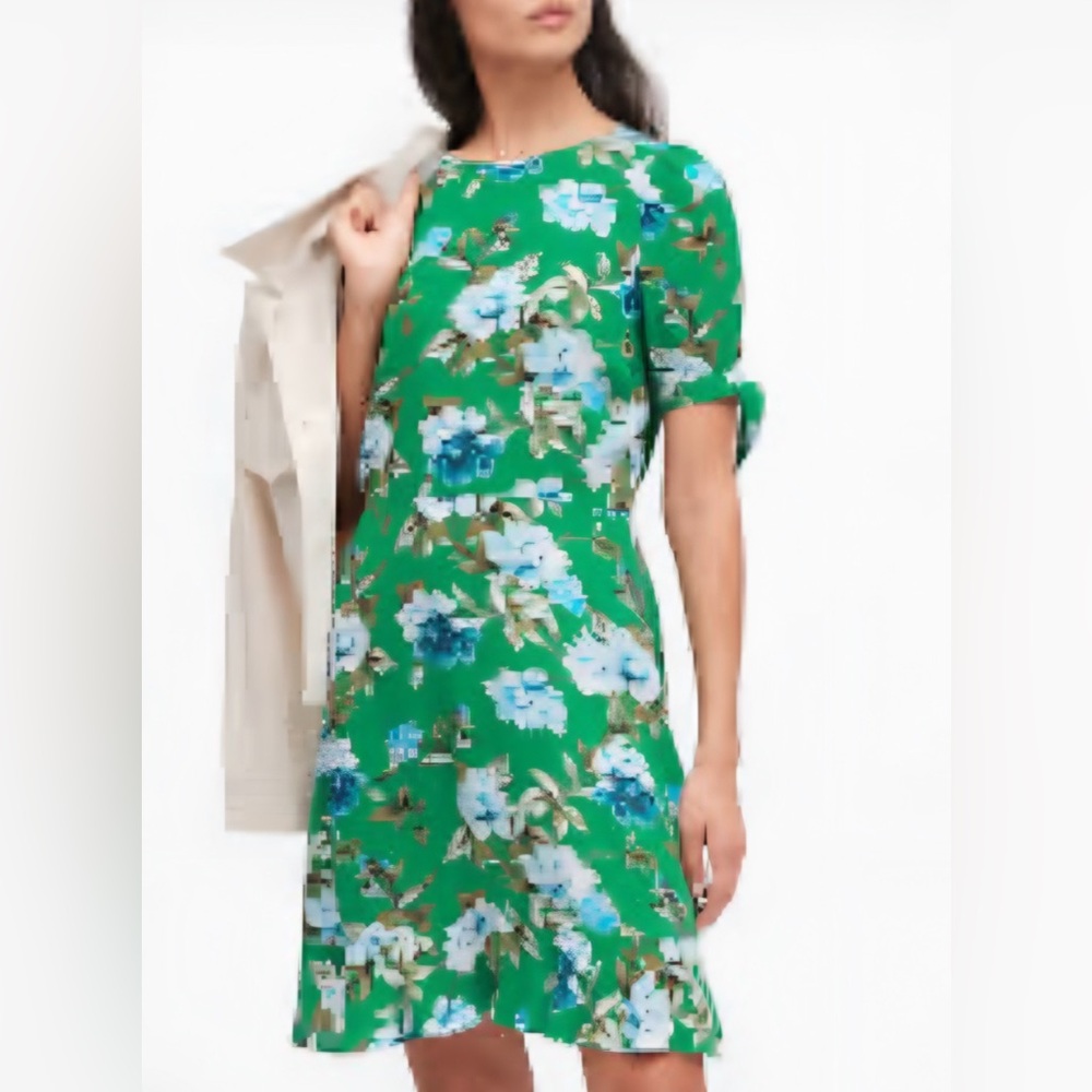 Banana Republic Sea Green Jade Botanical  Puff-Sleeve Mini Dress, 4Petite
